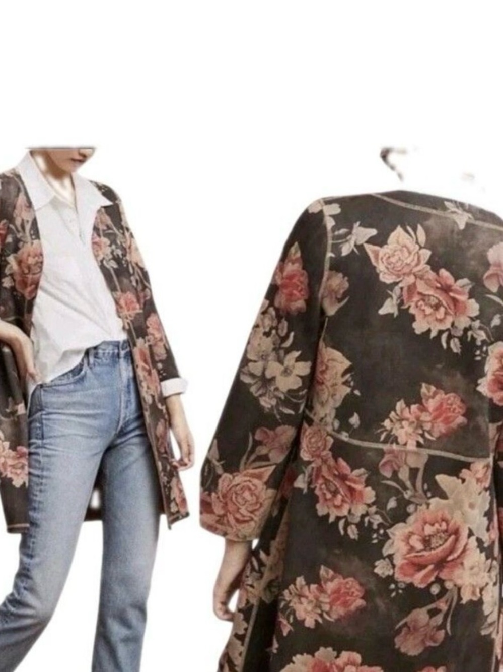 Solitaire Floral Open-Front Cardigan - Black with Pink Roses